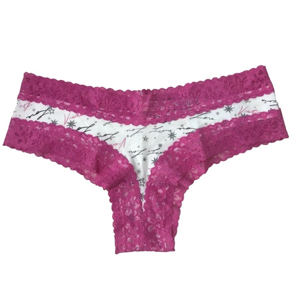 Victoria's Secret White and  New Pink Lace Trim Signature Notes Cheeky Large